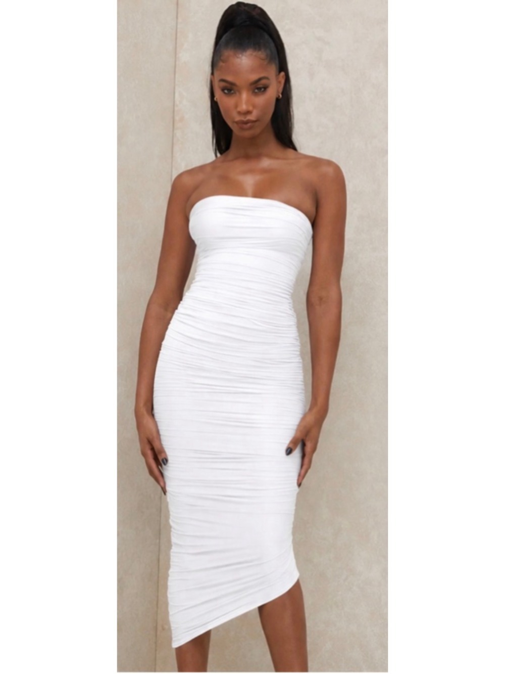 New House of CB White Strapless Side Ruched Sasha Midi Dress S
